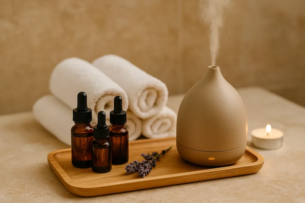 Aromaterapia profesional en spa: difusor con vapor, frascos de aceites esenciales y toallas sobre bandeja de madera