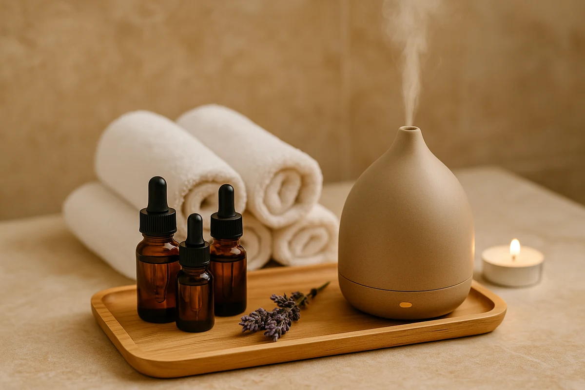 Aromaterapia profesional en spa: difusor con vapor, frascos de aceites esenciales y toallas sobre bandeja de madera