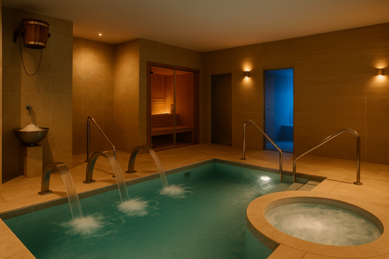 Circuito hidrotermal en spa: piscina con chorros, sauna y baño de vapor, guía de pasos, tiempos y seguridad.