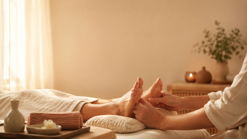 Sesión profesional de reflexología podal en spa de lujo, formación para reflexólogos