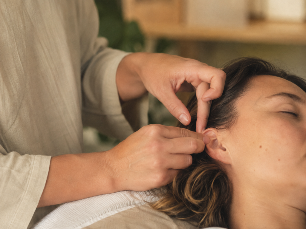Terapeuta aplicando reflexología auricular con precisión en los dedos