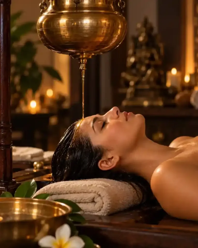 Escena ayurvédica de Shirodhara con vertido de aceite sobre la frente