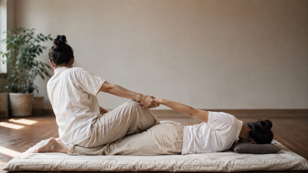 Terapeuta aplicando un estiramiento de masaje thai tradicional a un cliente