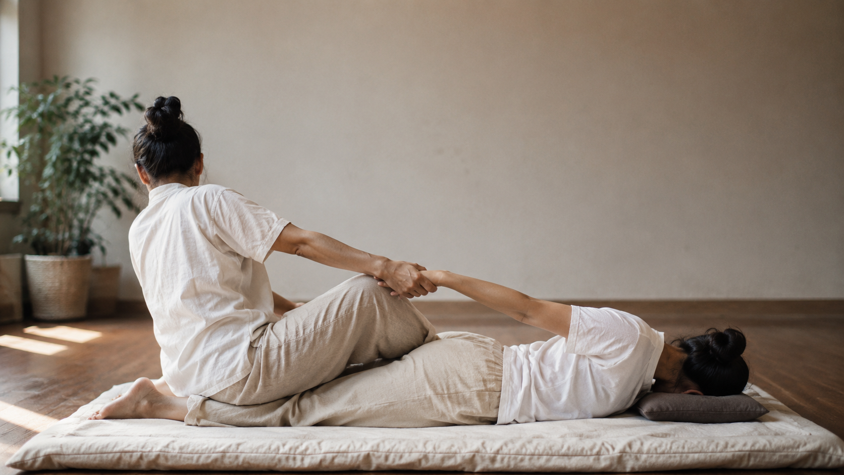 Terapeuta aplicando un estiramiento de masaje thai tradicional a un cliente
