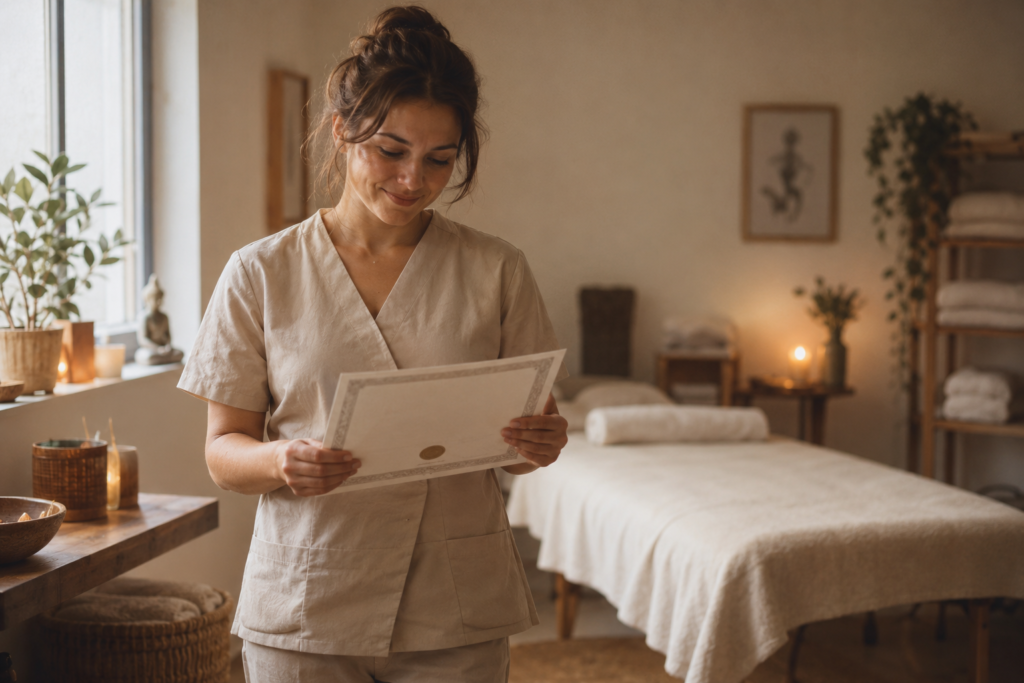 Terapeuta de masaje sosteniendo su diploma de certificación profesional