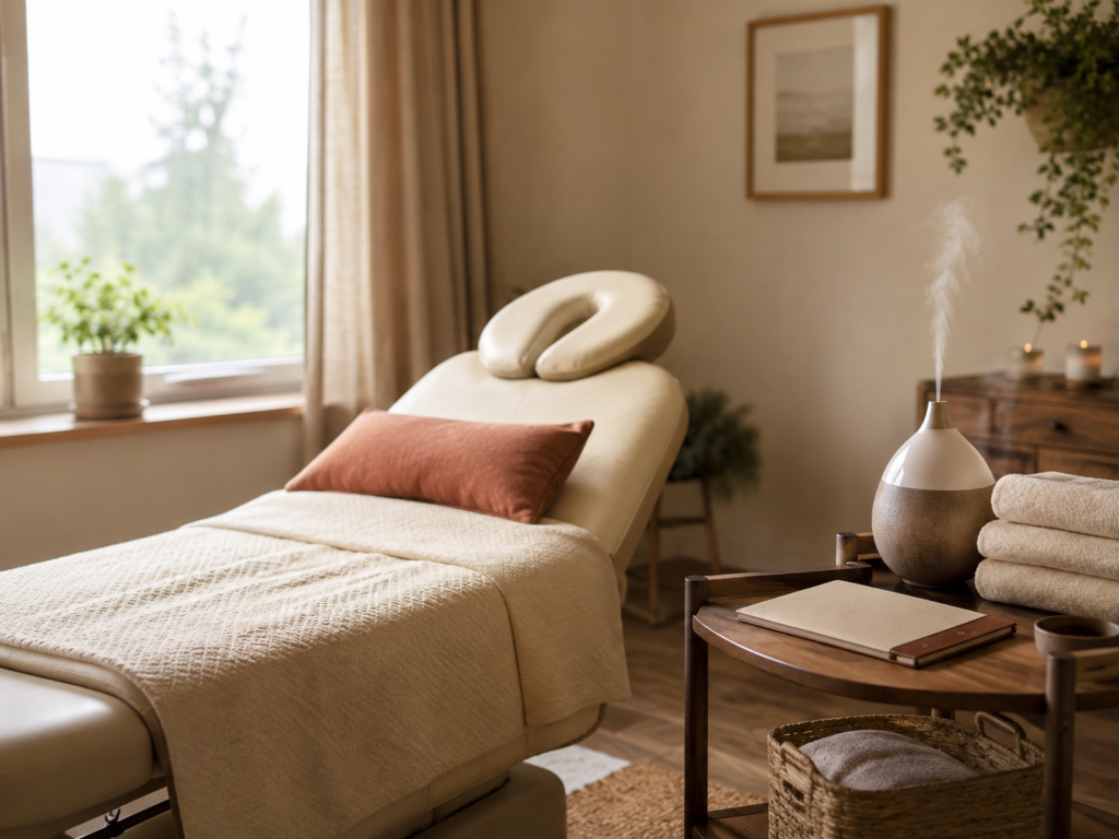 Sala pequeña y elegante para consulta privada de reflexología podal