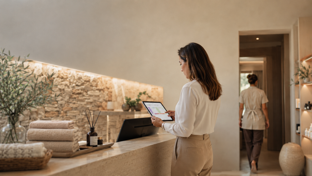 Spa manager revisando la agenda de reservas mientras coordina al equipo del centro