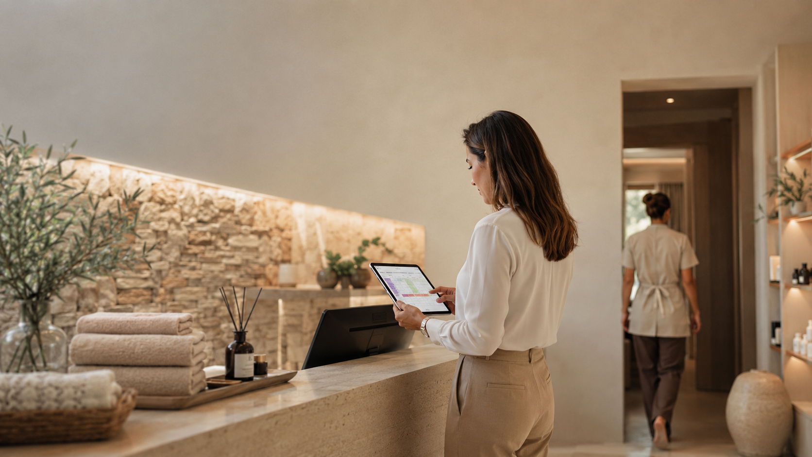 Spa manager revisando la agenda de reservas mientras coordina al equipo del centro